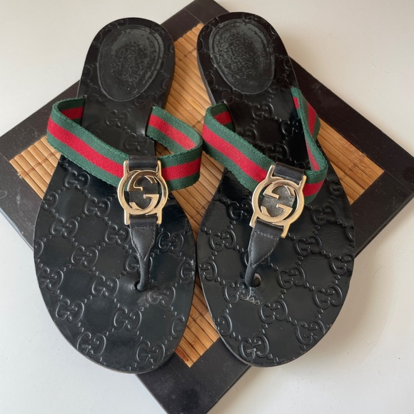 Gucci GG Black Web Thong Guccissima Sandals Logo Monogram Flip Flop Size 7  0059 - Picture 1 of 5